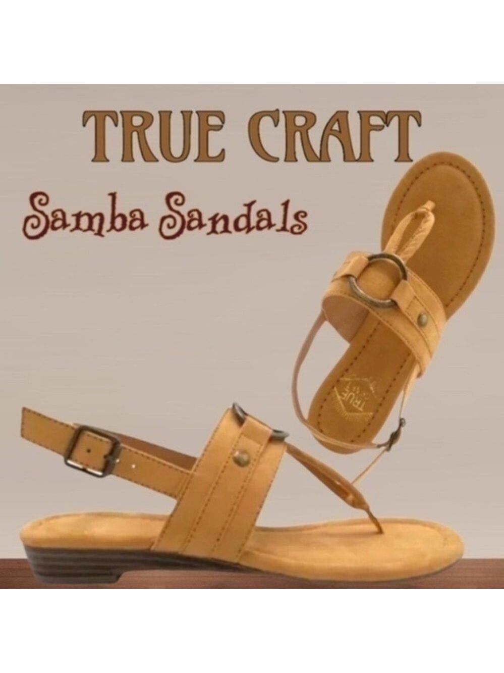 TRUE CRAFT Brown Suede Thong-Style Ankle Buckle Samba Sandal NWT/Sun Squash/10
